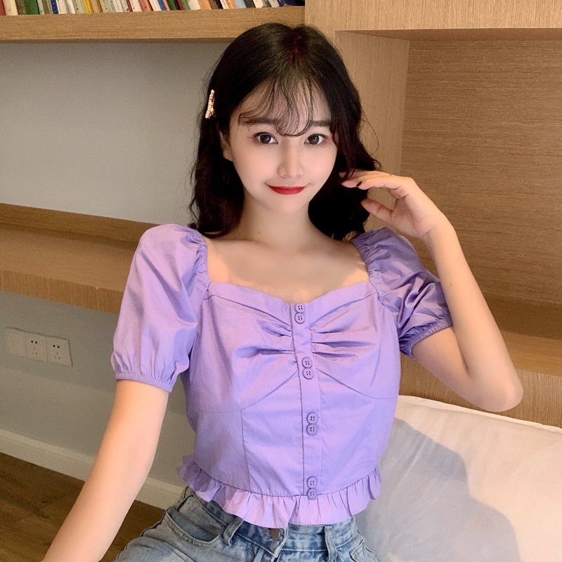 實拍實價不減2021夏裝法式方領小心機雪紡衫上衣女
