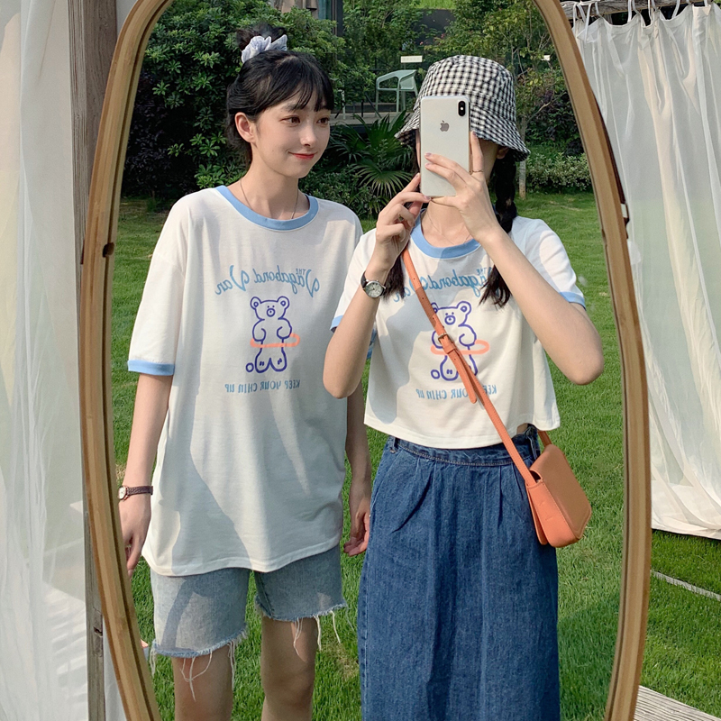 Real shot 2021 summer short T-shirt women's short sleeve open navel loose and versatile medium and long top