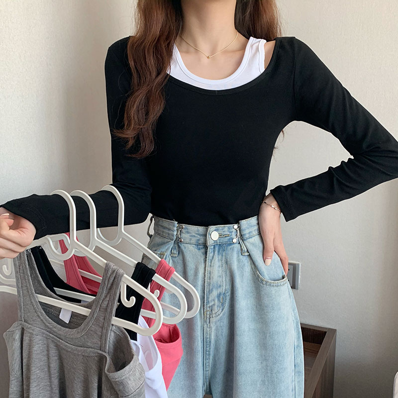Real shooting spring and autumn new simple trend off shoulder color matching long sleeve T-shirt women's Secret