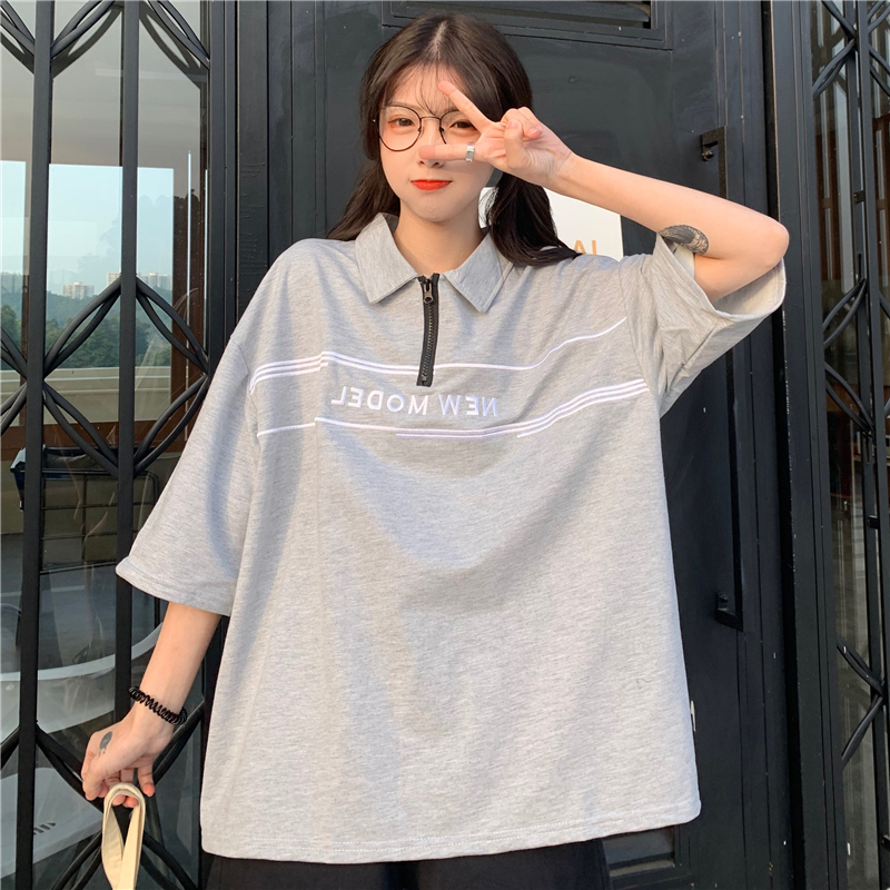 Real photo 2021 summer embroidered letter zipper Polo neck short sleeve t-shirt female