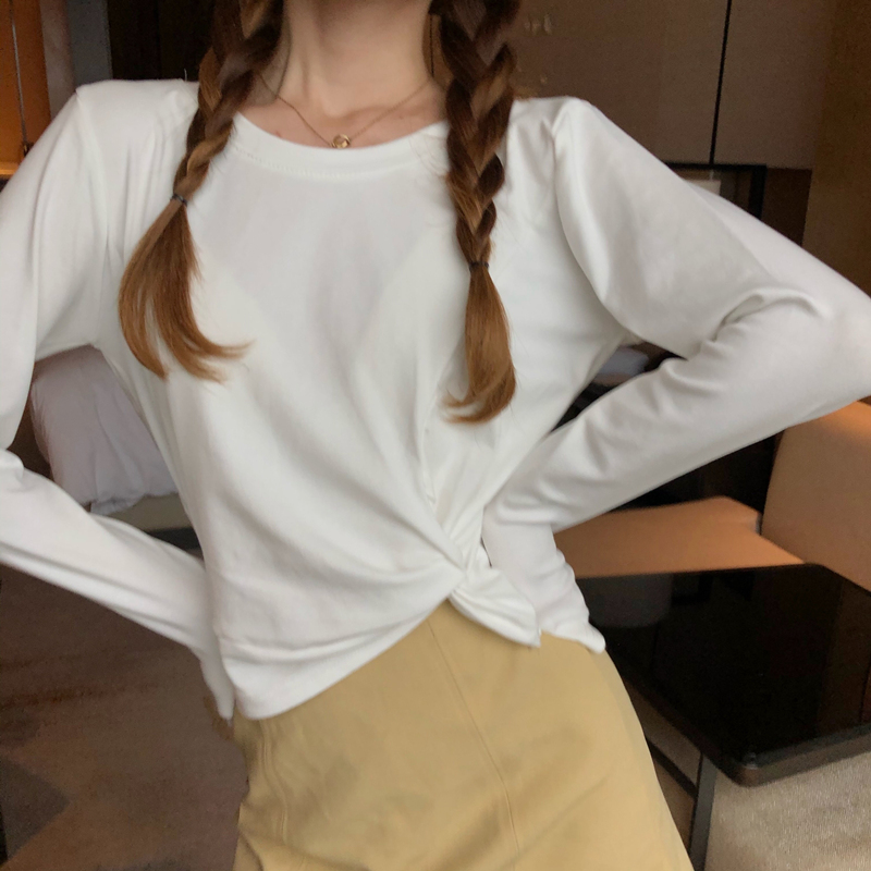 Real photo 2021 spring and autumn day long sleeve T-shirt women's solid high waist short knotted top slim