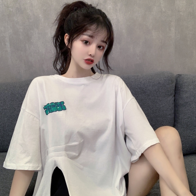 Real shot 2021 summer irregular split short sleeve T-shirt women's middle length