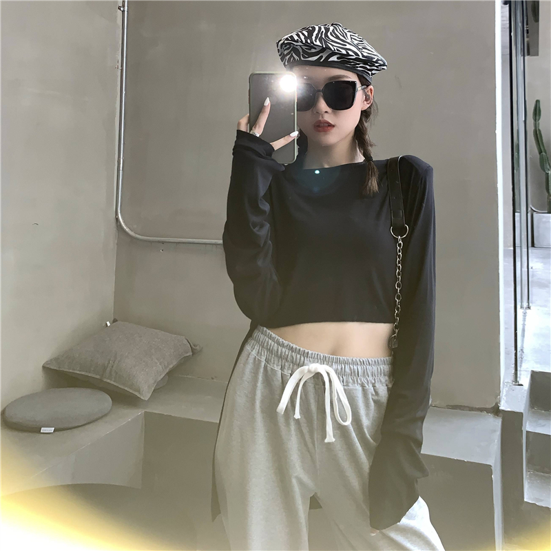 Real shot spring long sleeve T-shirt women's short open navel shoulder pad top