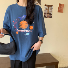 實拍 2021夏短袖t恤女中長款半袖卡通上衣