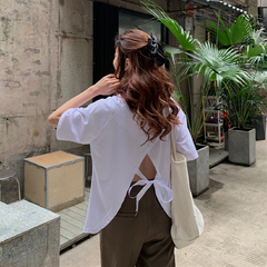 Real shooting summer loose t-shirt female minority short sleeve foreign style open back split minority