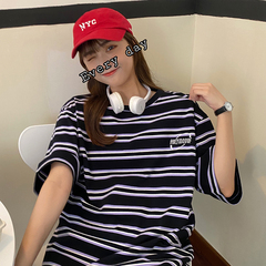 Real shot summer loose size striped short sleeve embroidered T-shirt for women