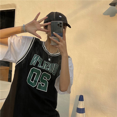實拍 2021籃球服寬鬆bf風韓版夏季中長款短袖t恤假兩件上衣
