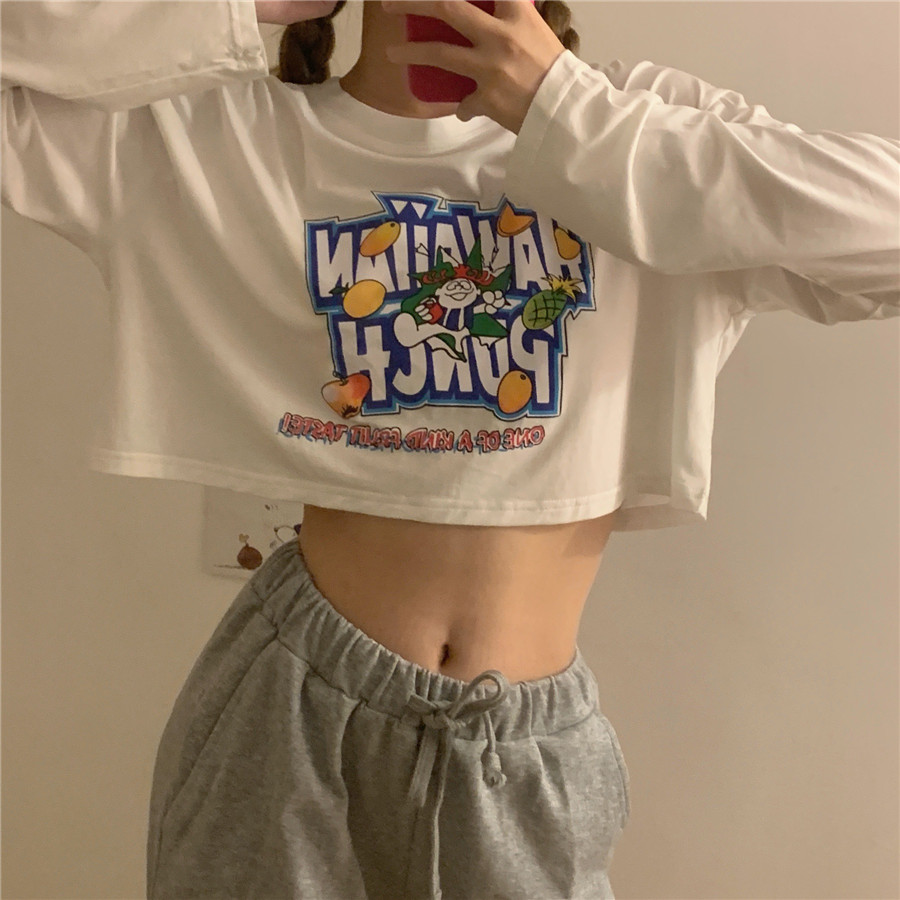 New Japanese loose fruit Print Long Sleeve sunscreen short T-shirt