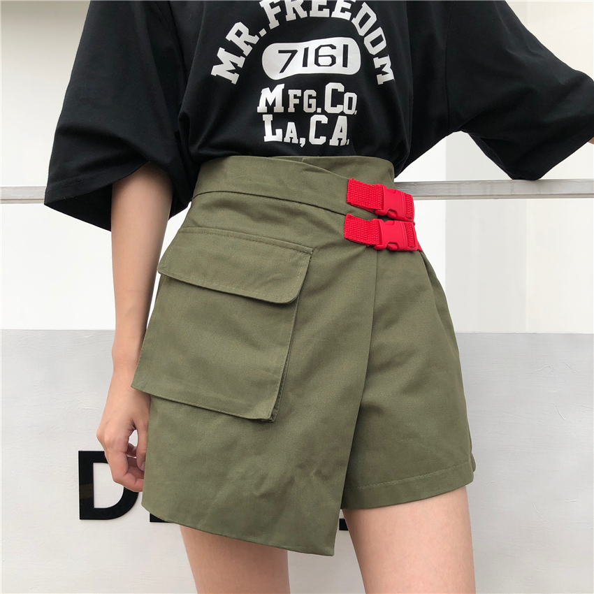 Real shooting frock skirt and trousers versatile retro casual skirt irregular skirt and trousers student Big Pocket Shorts