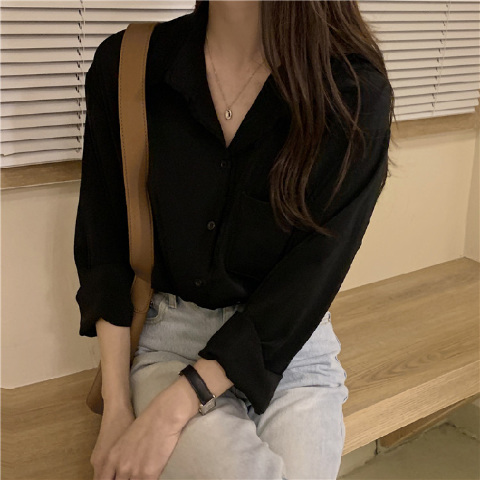 Shirt womanliness lazy wind early autumn Korean loose and thin long sleeve shirt top 2021