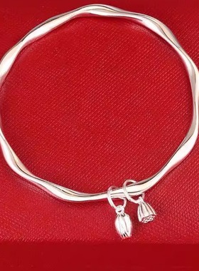 小众高级手镯配饰正品999纯银莫比乌斯环手镯女实心莲蓬两世欢足