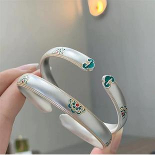 999足银宝相花款手镯女款烧蓝描金开口纯银镯子送妈妈送闺蜜礼物