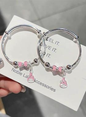 美乐蒂手镯999纯银正品甜美可爱蝴蝶结儿童足银手环推拉生日礼物