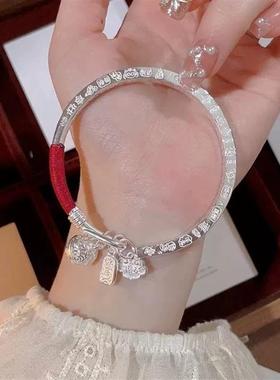9999纯银手镯古风宫铃筷子镯足银黄财神开口银镯子情人节礼物