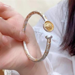 足银999描金黄财神银手镯女实心开口可调节银手镯送女友小众礼物