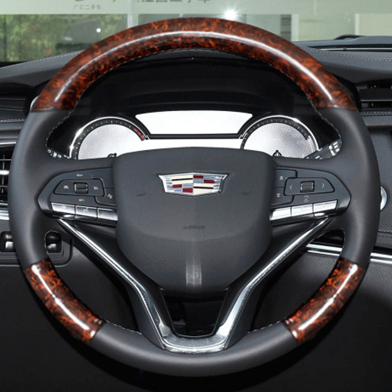 适用于凯迪拉克CT654 XT456改装 桃木碳纤纹内饰手缝真皮方向盘套