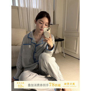 翻领宽松家居服套装 JoyceBra 长袖 简约撞色德绒睡衣女春秋季 韩版