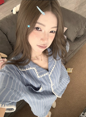 JoyceBra韩系拼色条纹翻领睡衣
