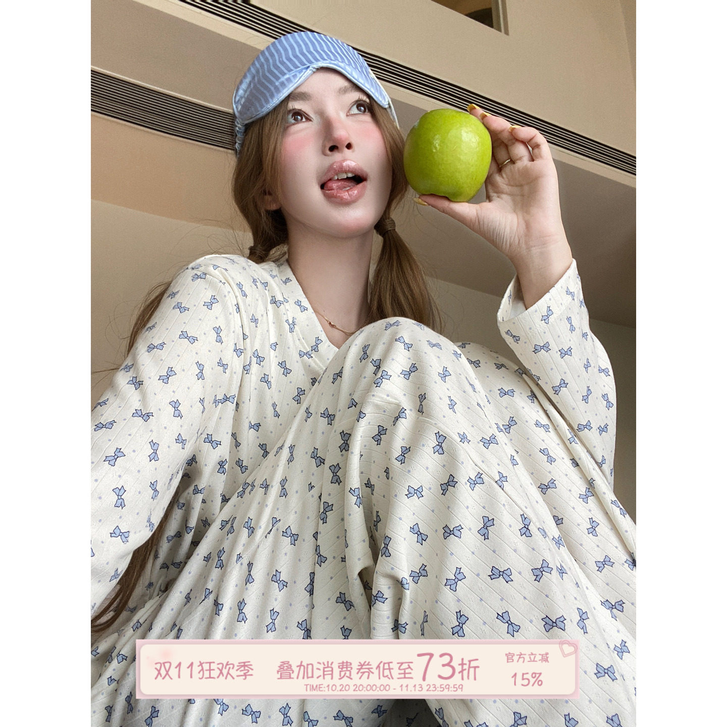 JoyceBra  慵懒舒适蝴蝶印花睡衣女秋季长袖圆领套头式家居服套装