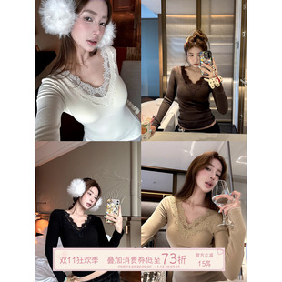 JoyceBra 蕾丝边V领带胸垫磨毛保暖内衣女冬季亲肤内搭长袖打底衫