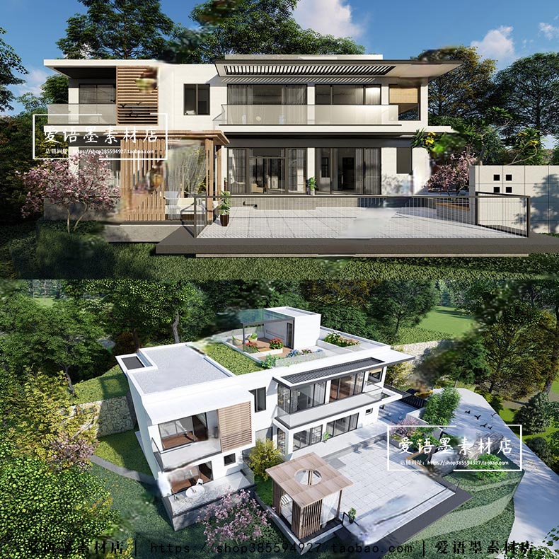 现代山涧独栋别墅su模型民宿客栈自建房外立面建筑草图大师su模型
