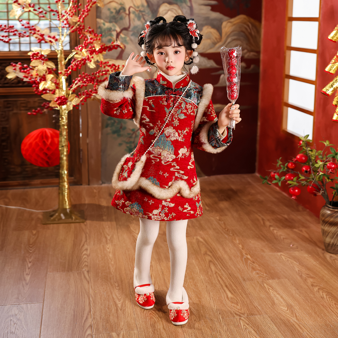 女童旗袍冬装加厚拜年服