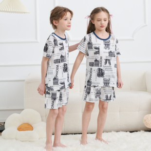 薄款 短裤 冰丝男童中大童家居服套亲子小男孩女童短袖 儿童睡衣夏季