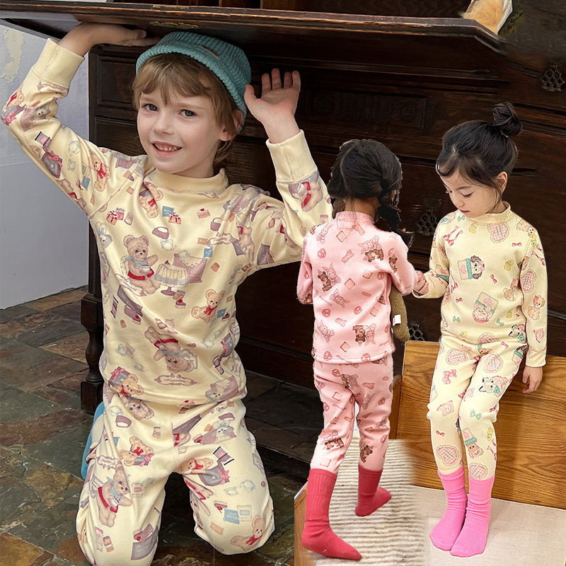 儿童睡衣秋冬女童保暖内衣套装半高领德绒打底衫小孩男童秋衣秋裤