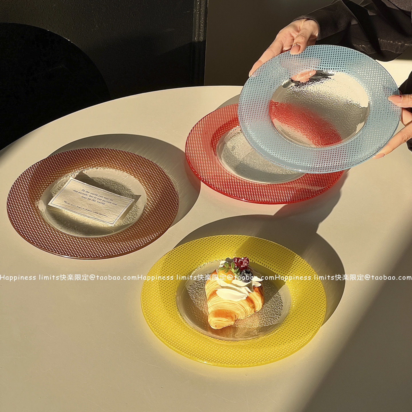 复古多巴胺彩色方格格子玻璃餐盘沙拉盘甜点盘水果盘家用轻奢餐盘