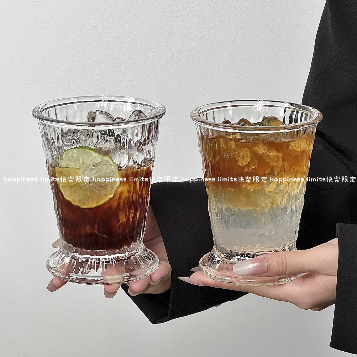 小众树纹厚底玻璃水杯冰美式咖啡杯新款水果茶杯夏季冷饮果汁杯子