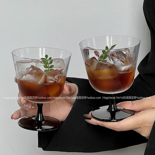 小众中古高脚阔口玻璃杯冰美式 拿铁咖啡杯轻薄特调饮品杯鸡尾酒杯