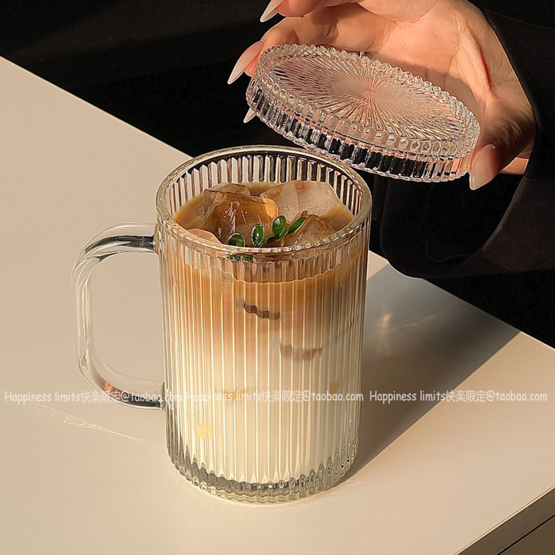 ins竖纹带盖玻璃把手杯大容量喝水杯牛奶果汁咖啡饮料杯子透明杯