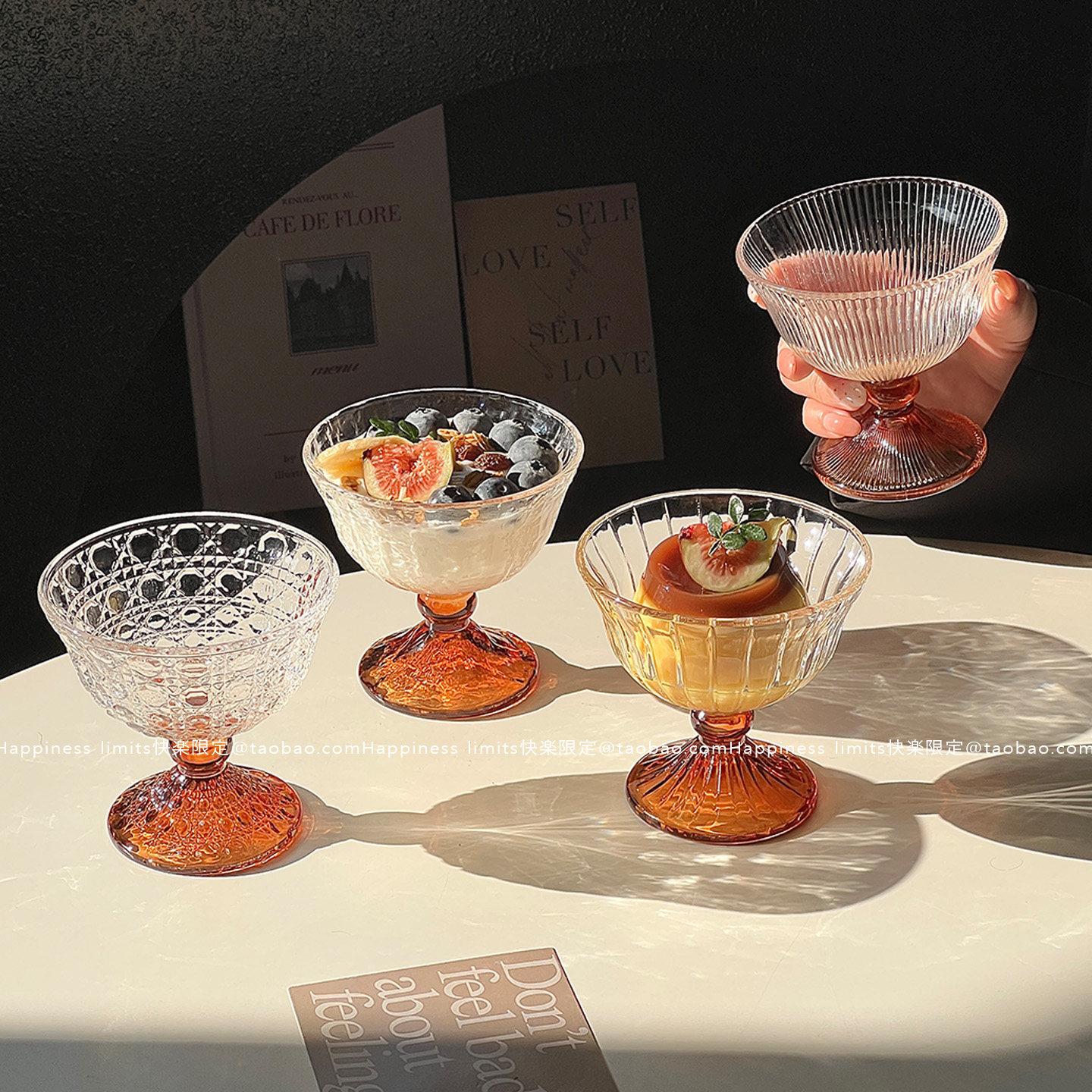 ins中古玻璃矮脚杯法式甜品杯轻奢创意刨冰碗雪糕杯饮品饮料杯子