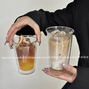 ins简约透明双层隔热玻璃杯家用冰美式 咖啡杯苏打气泡水杯饮料杯