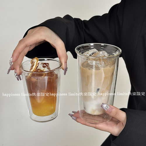 ins简约透明双层隔热玻璃杯家用冰美式咖啡杯苏打气泡水杯饮料杯