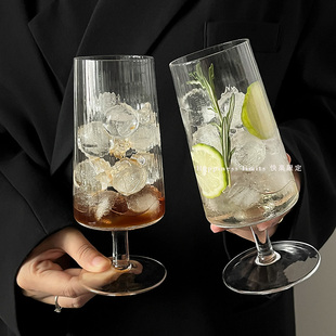 小众ins复古冰美式 竖纹高脚杯果汁杯气泡水杯鸡尾酒杯 拿铁咖啡杯