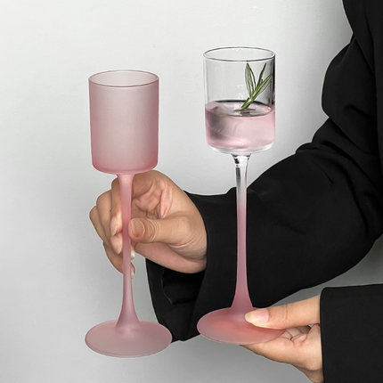 ins风法式磨砂粉直筒玻璃高脚杯高颜值香槟杯甜酒杯创意鸡尾酒杯