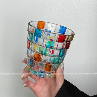 blingbling折射彩虹光叠叠杯人工手绘彩色小众玻璃杯威士忌饮料杯