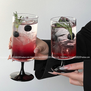 直筒高脚杯黑底高款 设计玻璃杯果汁杯 创意高级氛围红酒杯小众个性
