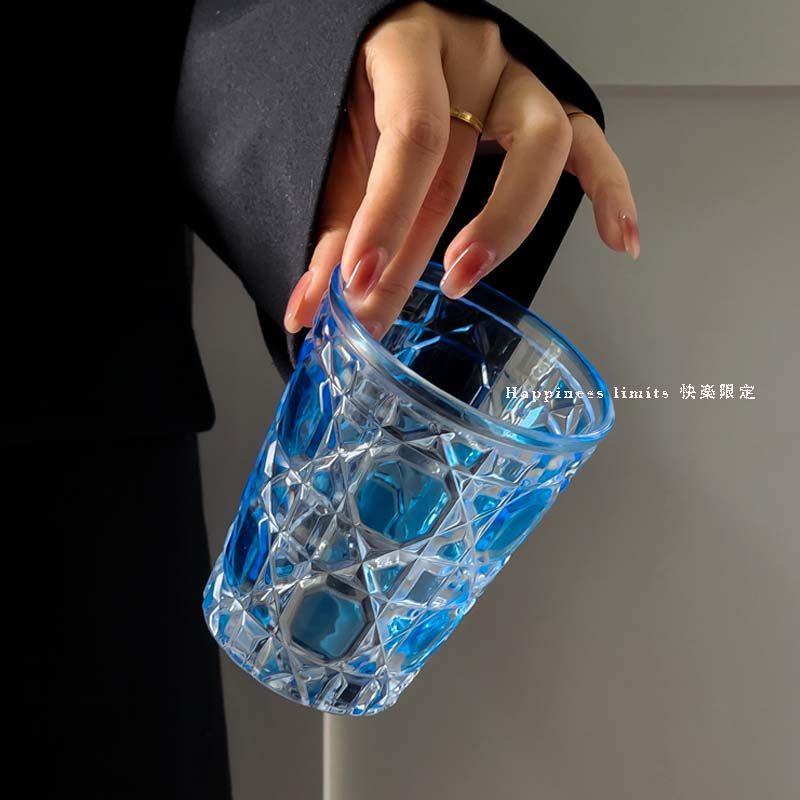 家用水杯轻奢风菱格红宝石水晶杯ins家用水杯果汁杯咖啡杯玻璃杯