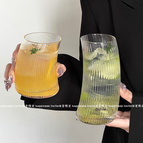 博主同款创意家用ins风水杯条纹风帆玻璃杯果汁咖啡杯子水果茶杯