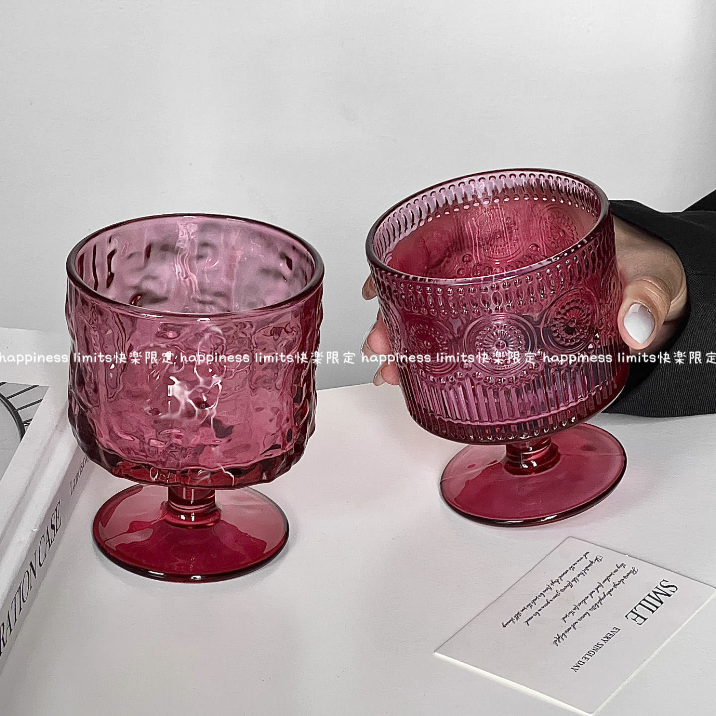 小众设计中古玫红色杯ins树皮纹玻璃杯高脚酒杯高颜值礼物果汁杯