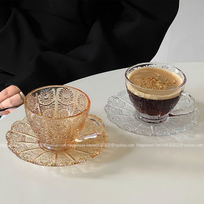 北欧ins网红咖啡馆轻奢复古浮雕咖啡杯碟家用拿铁杯玻璃茶杯套装