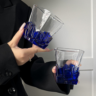 创意手绘威士忌酒杯洋酒杯蓝色宝石冰块杯小众喝水杯高级感玻璃杯