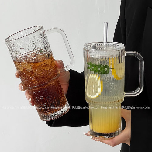 巨无霸带把手吸管杯大容量玻璃杯