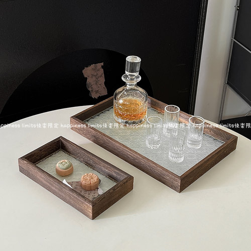 中式海棠花玻璃托盘复古长方形木质盘子家用水果点心盘茶盘收纳盘