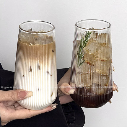 ins玻璃杯餐厅冷饮杯气泡水杯水果茶杯饮品杯耐热拿铁咖啡杯条纹