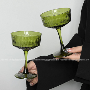 复古绿中古竖纹高脚杯高颜值微醺玻璃杯特调饮品香槟杯鸡尾酒杯子