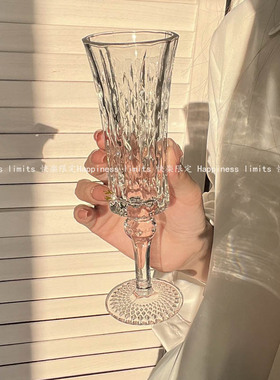 小众复古ins风钻石浮雕高脚杯高颜值玻璃杯香槟杯红酒杯甜酒杯子