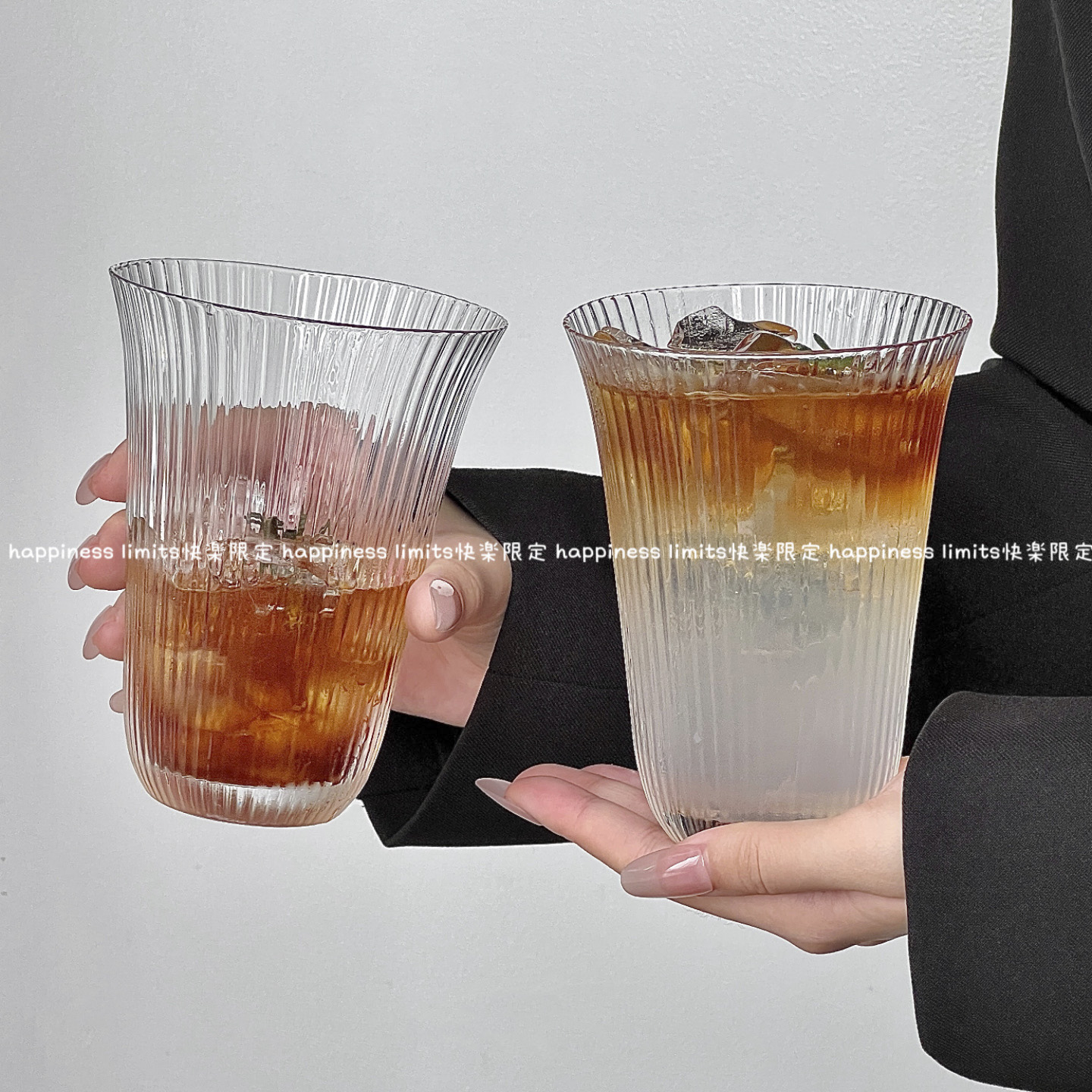简约竖纹阔口玻璃果茶杯冰美式拿铁咖啡杯鸡尾酒杯果汁冷饮杯水杯